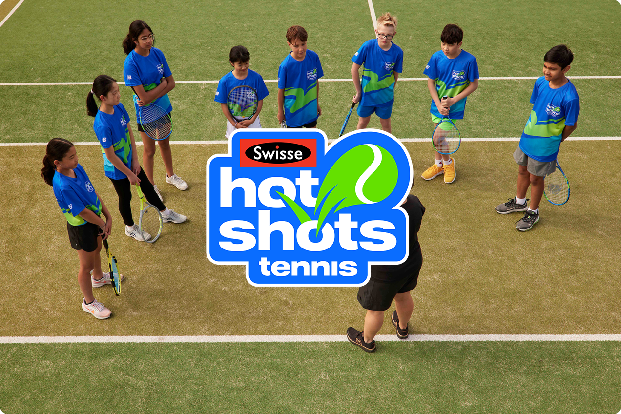 Swisse Hot Shots Tennis logo with photo background