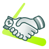A simple dark green outlined illustration of a handshake. A green line is zig zagging behind it.