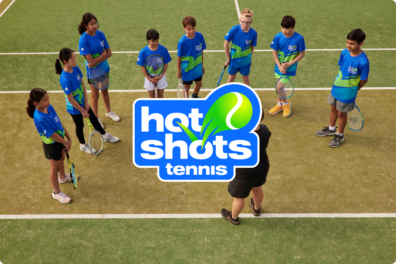 Hot Shots Tennis logo with photo background